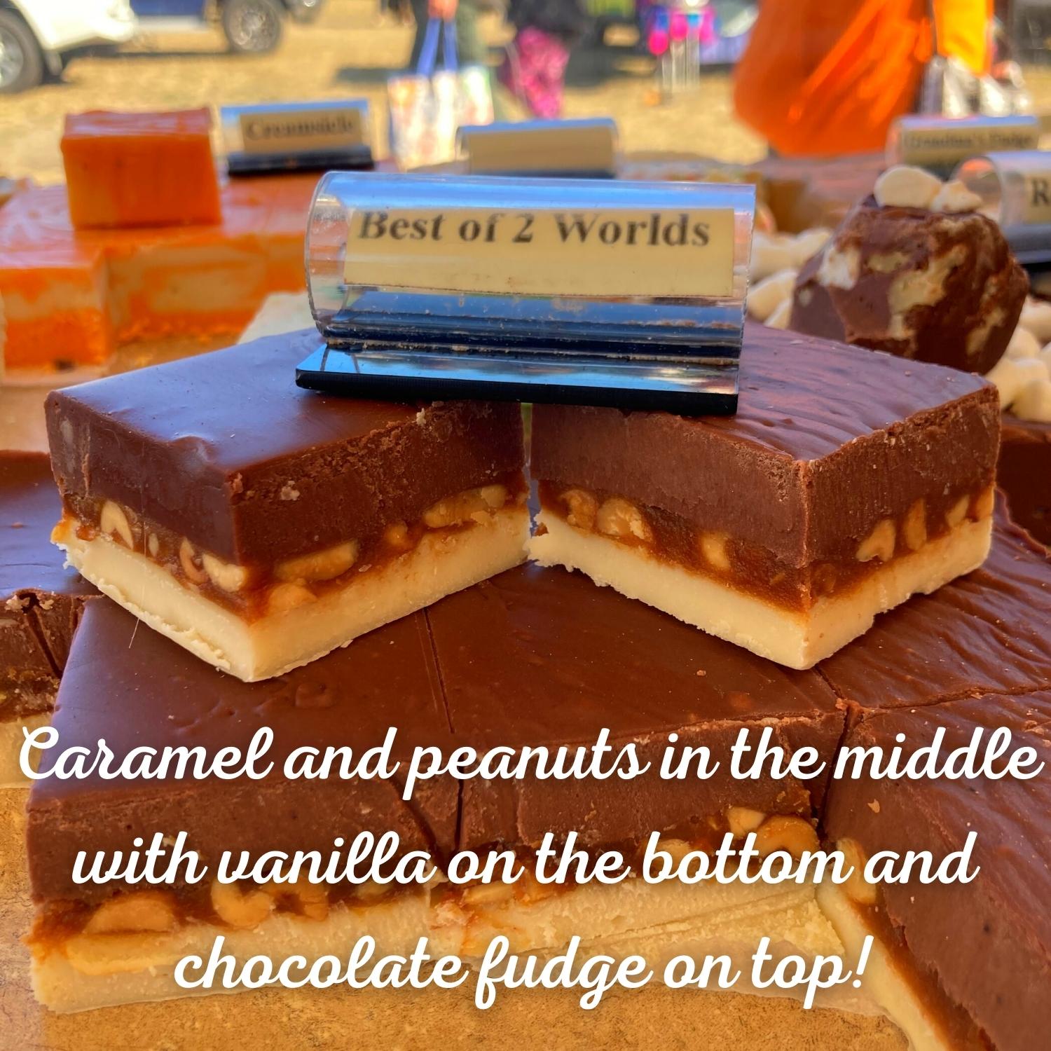 Best of 2 Worlds Fudge _ Caramel and peanuts in the middle with vanilla on the bottom and chocolate fudge on top!